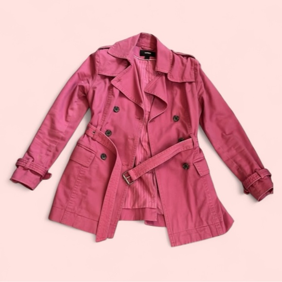 Super Cute & Unique Express Canvas Cotton Pink Trench Coat Jacket W/ Belt small - Picture 4 of 15